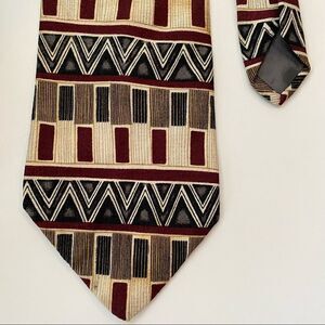 Vintage Barbara Blank Silk Geometric Long 64” Tie Burgundy, Gold, Cream + Black